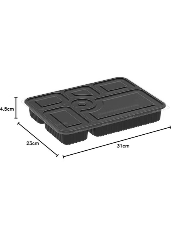 Rectangular Black Food Container – 6 Compartments (25 pcs)