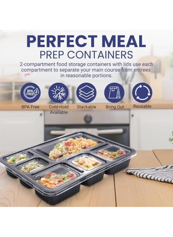 Rectangular Black Food Container – 6 Compartments (25 pcs) - Image 3
