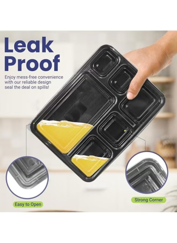 Rectangular Black Food Container – 6 Compartments (25 pcs) - Image 2